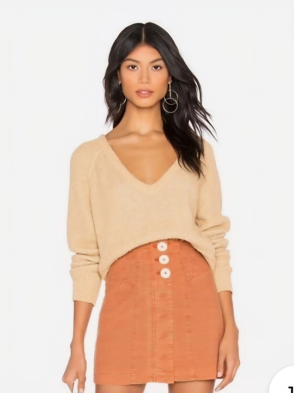 Free People Beige V-Neck Crop Sweater Medium